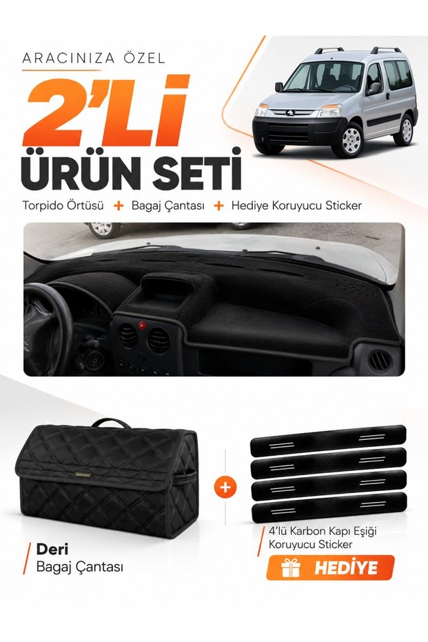 Peugeot Partner (2002-2008) Compatible Glove Box Cover + Leather Trunk Bag + Sticker Set - Pe021
