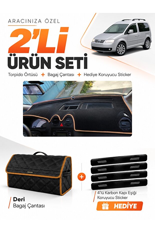 Volkswagen Caddy (2004-2010) Compatible Dashboard Cover + Leather Trunk Bag + Sticker Set - Vw002
