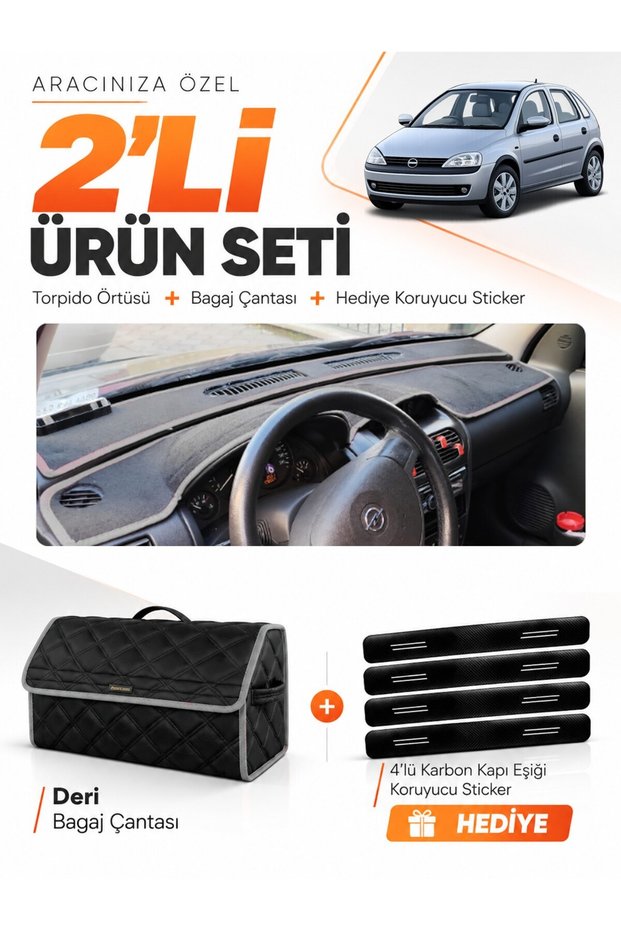 Dashboard Cover + Leather Trunk Bag + Sticker Set Compatible with Opel Corsa C (2001-2011) - Op007