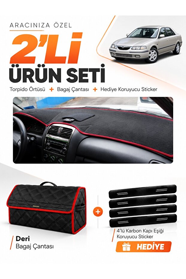 Mazda 626 Without Airbags (1998-2000) Compatible Glove Box Cover + Leather Trunk Bag + Sticker Set - Ma010