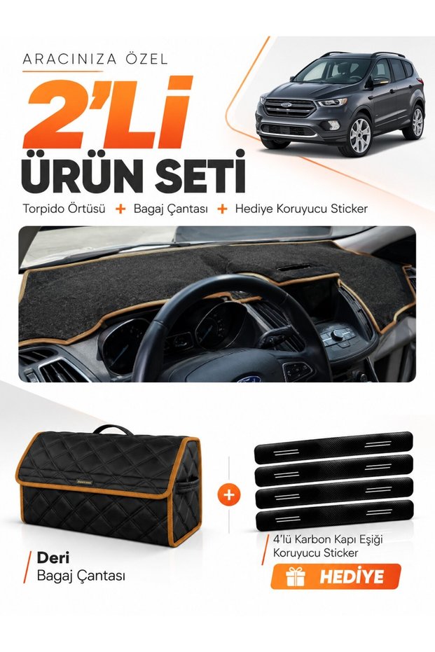 Ford Kuga (2015-2019) Compatible Dashboard Cover + Leather Trunk Bag + Sticker Set - Fo025