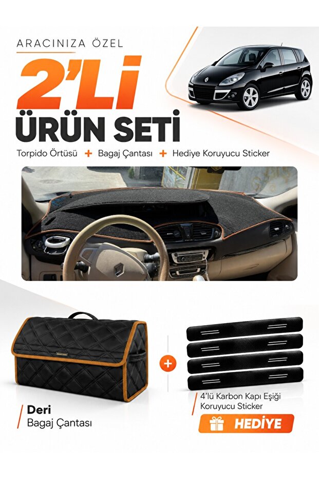 Renault Scenic 3 (2009-2016) Compatible Glove Box Cover + Leather Trunk Bag + Sticker Set - Re045