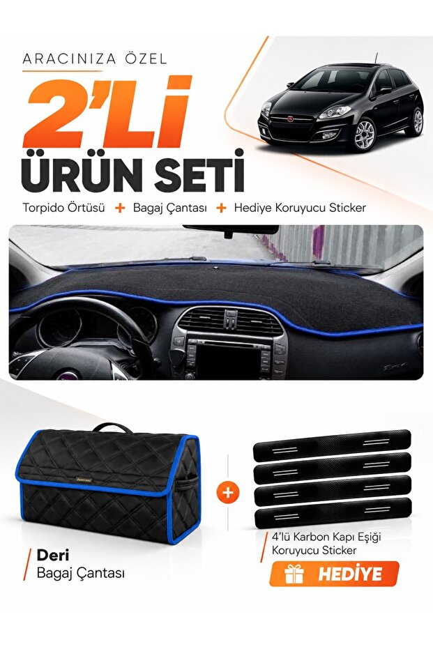 Fiat Bravo (2007-2014) Compatible Dashboard Cover + Leather Trunk Bag + Sticker Set - Fi004