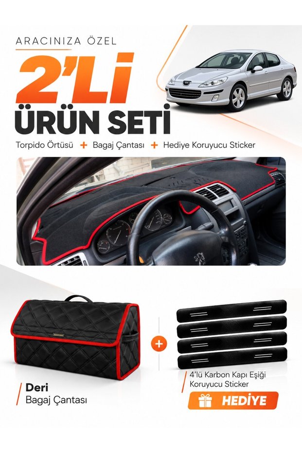 Peugeot 407 (2004-2010) Compatible Glove Box Cover + Leather Trunk Bag + Sticker Set - Pe018