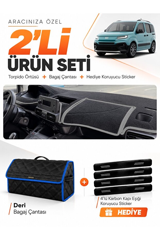 Fi̇at Doblo (2023-2026) Compatible Glove Box Cover + Leather Trunk Bag + Sticker Set - Ci015