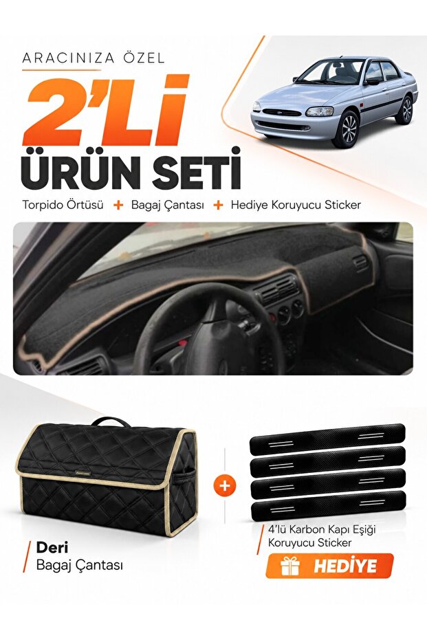 Ford Escort (1996-2002) Compatible Glove Box Cover + Leather Trunk Bag + Sticker Set - Fo014