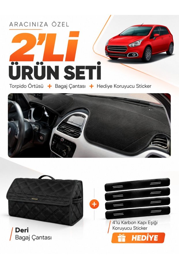 Dashboard Cover + Leather Trunk Bag + Sticker Set Compatible with Fiat Punto Evo (2015-2021) Fi017