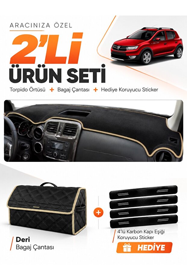Dacia Sandero Stepway (2015-2021) Compatible Dashboard Cover + Leather Trunk Bag + Sticker Set - Da004