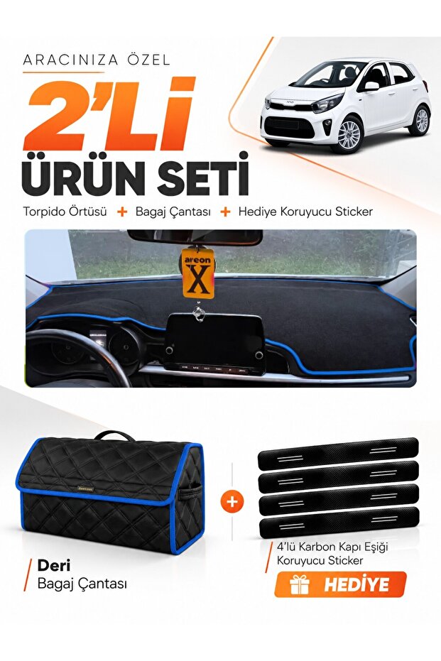 Kia Picanto (2017-2025) Compatible Glove Box Cover + Leather Trunk Bag + Sticker Set - Ki010