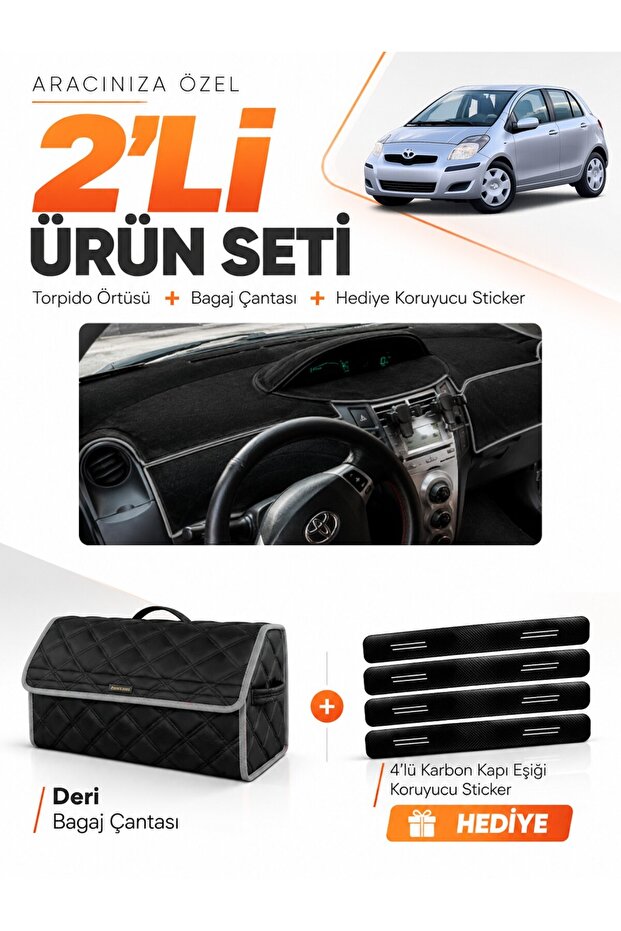Toyota Yaris (2005-2013) Compatible Dashboard Cover + Leather Trunk Bag + Sticker Set - To025