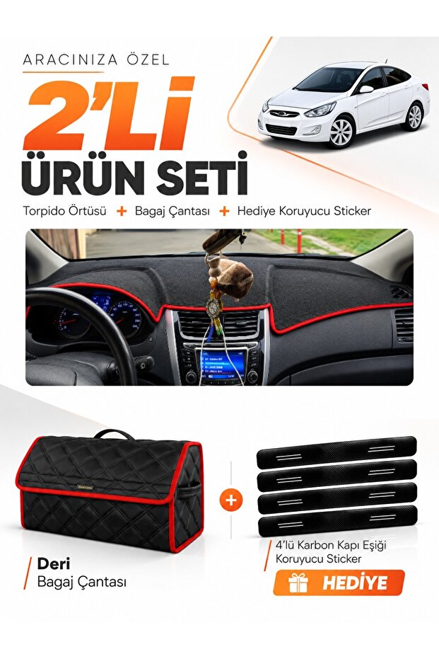 Hyundai Accent Blue (2011-2017) Compatible Torpedo Cover + Leather Trunk Bag + Sticker Set - Hu011