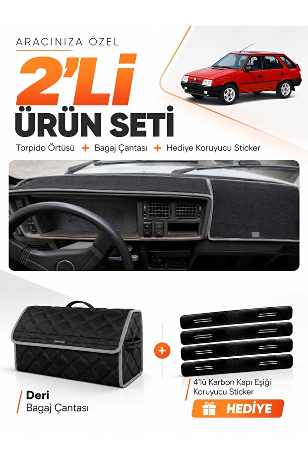 Skoda Forman (1990-1995) Compatible Dashboard Cover + Leather Trunk Bag + Sticker Set - Sk003