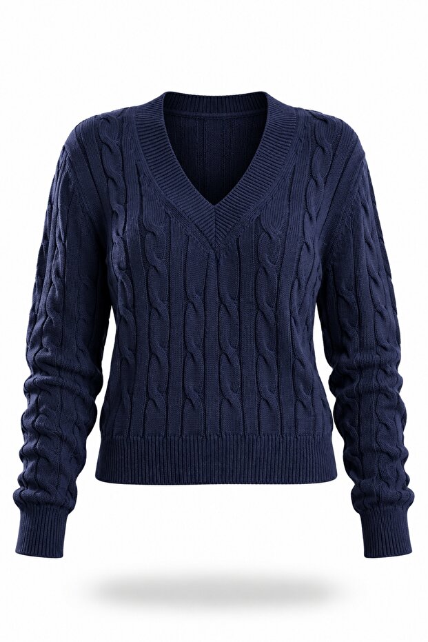 Navy Blue V-Neck Hair Knit Sweater 190877