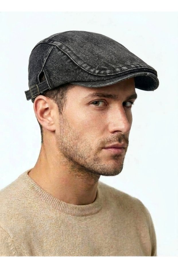 Premium Denim British Style Flat Cap - Adjustable Side Buckle Cotton Duckbill Cap Flat Hat