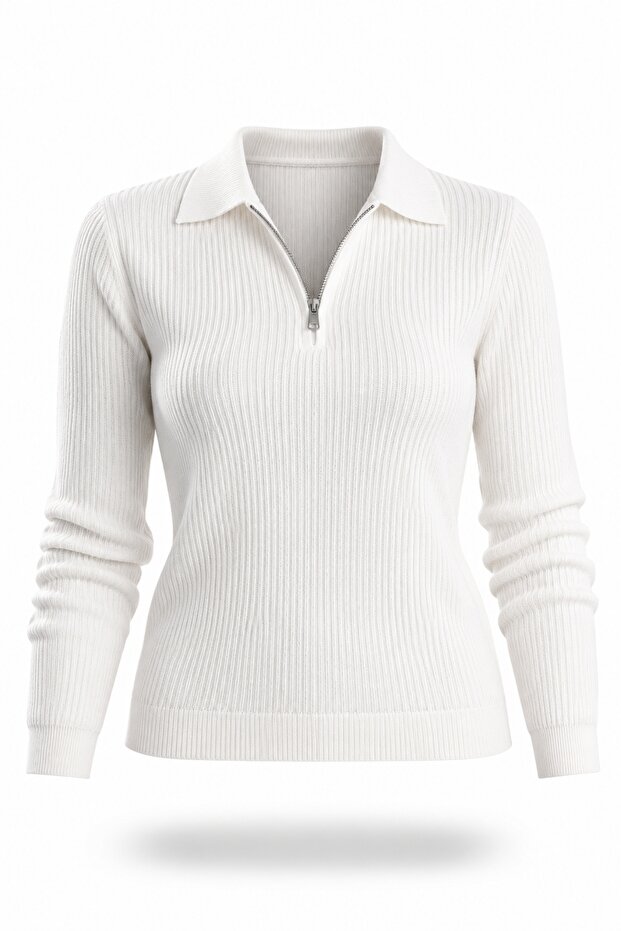 Ecru Polo Collar Zippered Ribbed Knitwear 5668