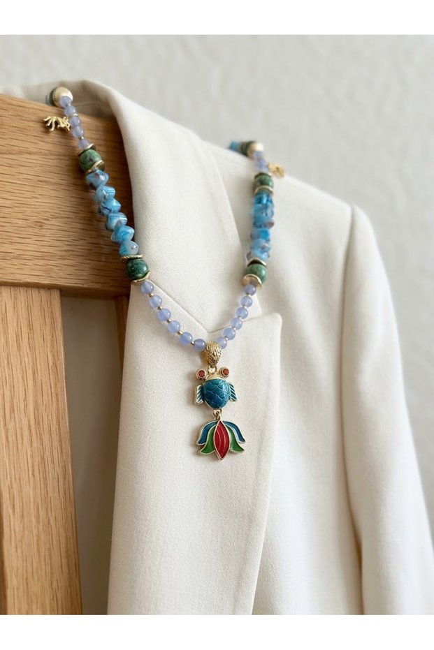 Blue Glass and Jasp Natural Stone Necklace with Fish Figure