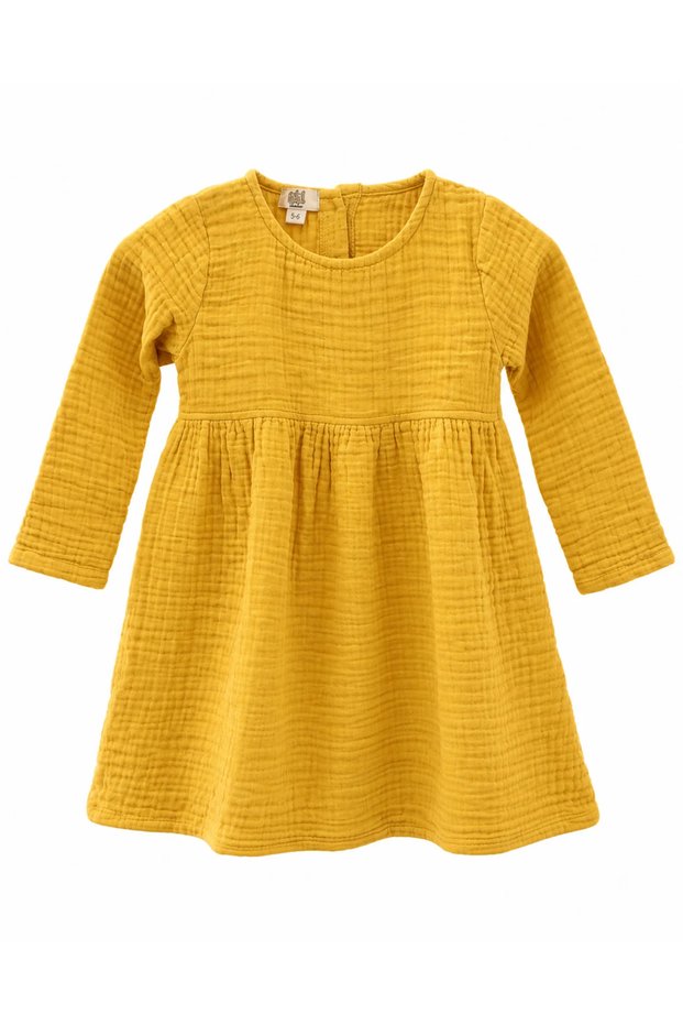 Wooden Button Children's Muslin Dress Mustard