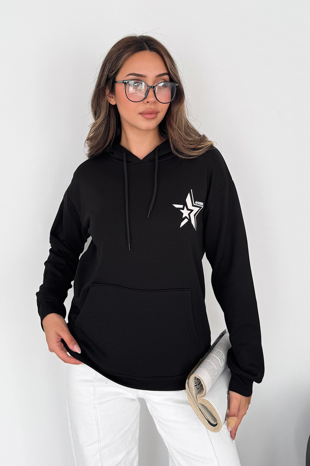 Women's Star Printed Hooded Sweatshirt with Kangaroo Pocket