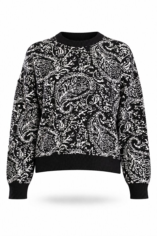 Black Patterned Crew Neck Sweater 1245
