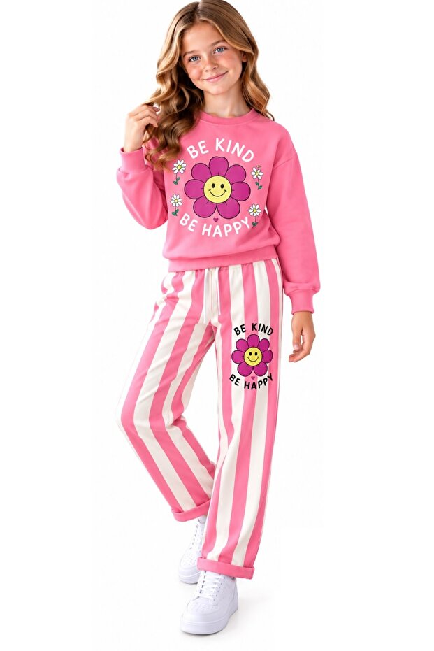 Girl's Be Happy Written Floral Patterned Sweatpants with Striped Patterned Double Leg Model Pink Color Sweatpants Set