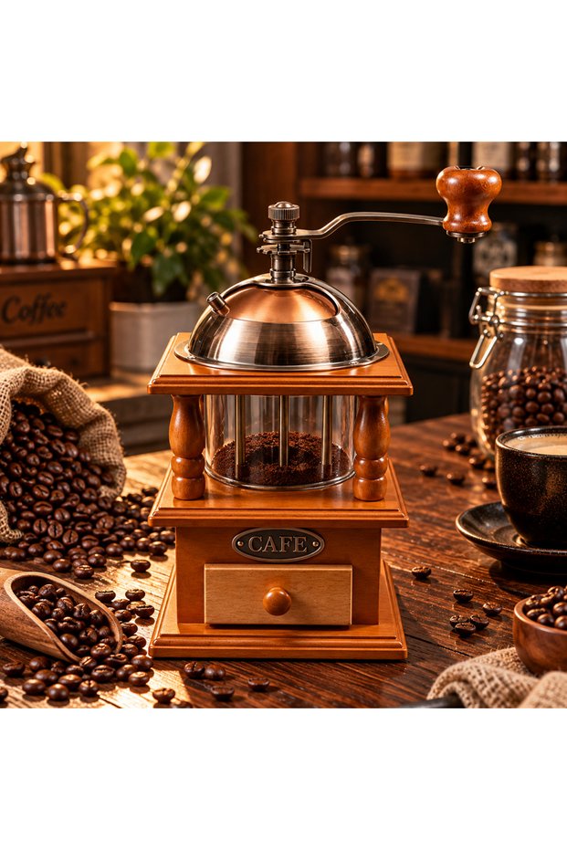 Manual Wooden Coffee Grinder Hand Grinder with Glass Chamber and Metal Wheel Nostalgic Coffee Grinding Machine