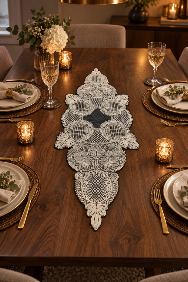 Lace-Look Decorative Runner Cover – for Everyday and Special Occasion Use on Dining Table, Nightstand, Coffee Table, and Display Cabinet Ornament