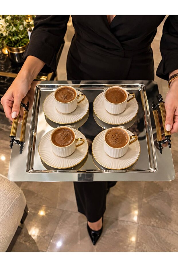 Stainless Steel Tea Coffee Breakfast and Presentation Tray Silver Gold 26 X 37 cm