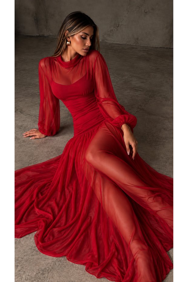 Women's Transparent Tulle Detailed Gathered Long Sleeve Maxi Dress