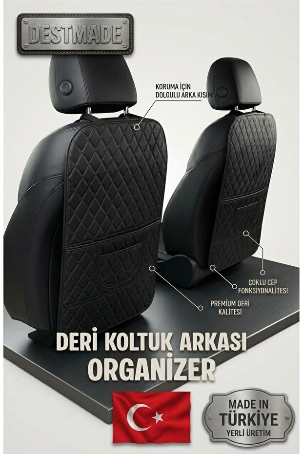 Fiat Bravo Compatible 2-Piece Black De Leather Seamed Car Seat Organizer