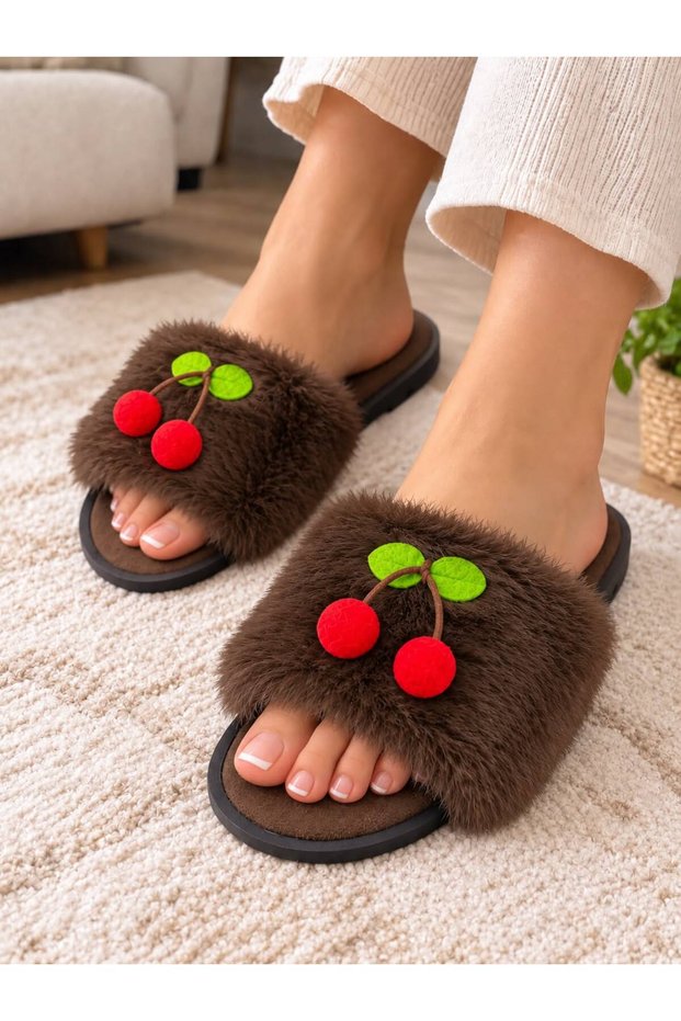 Women's Plush Fur Soft-Sole Lightweight Slippers with Cherry Details