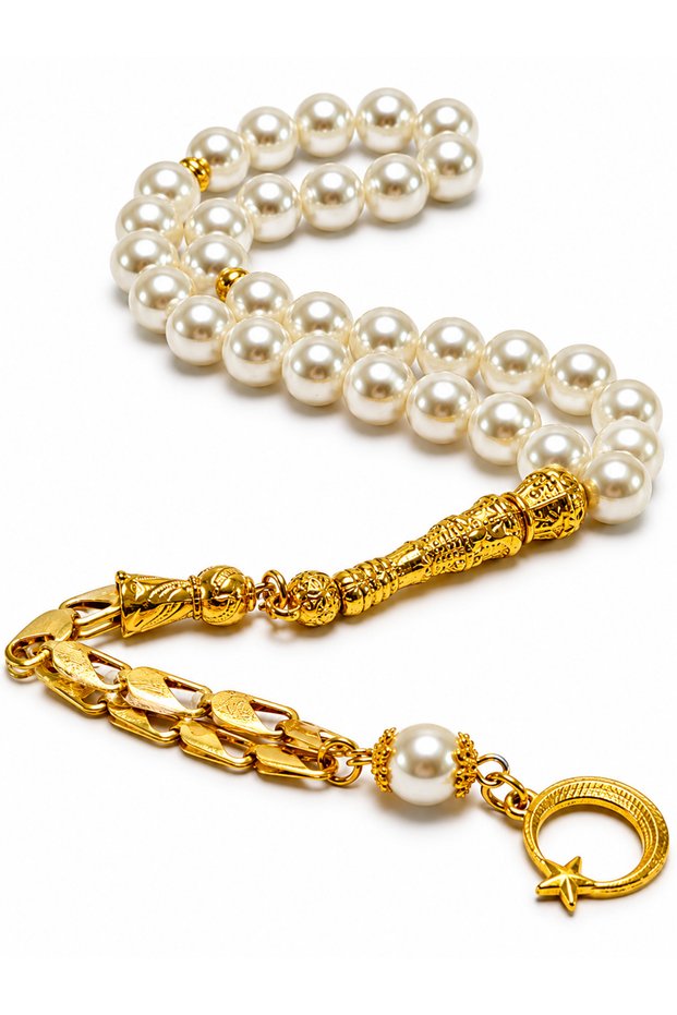 Reis Tesbihi 10 mm Majorca Pearl – Gold Color Plated Tassel Moon Star Gift Stylish Premium Tesbih