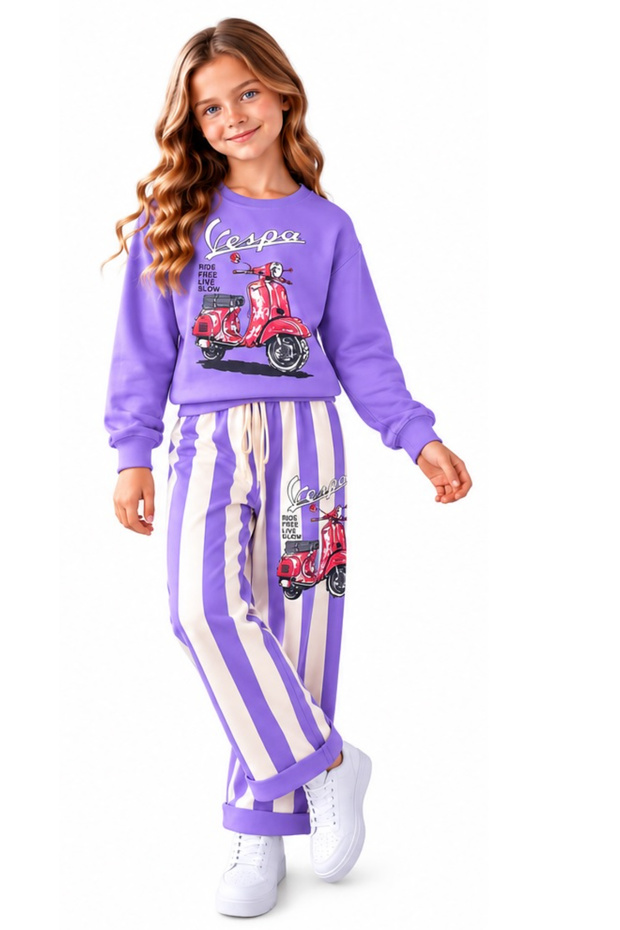Girl's Text Motorcycle Patterned Sweatpants Striped Model Double Leg Model Lilac Color Sweatpants Set