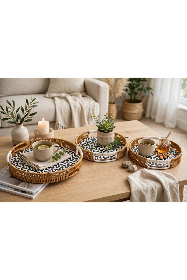 Set of 3 Round Wicker Trays - Large, Medium, Small Sizes - Black and White Geometric Pattern Presentation Tray