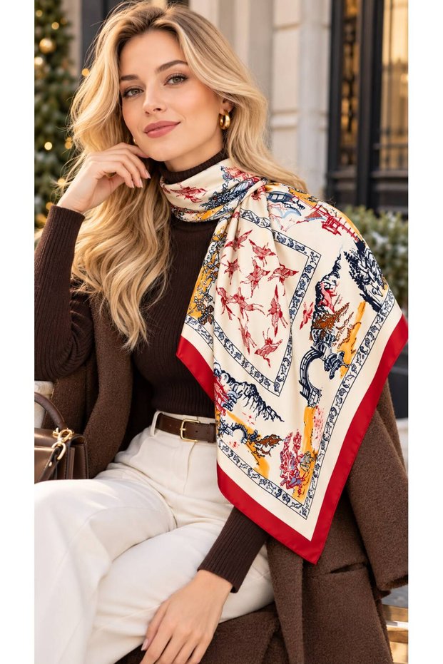 Flr27-52 Red Patterned Women's Scarf 70X70 cm