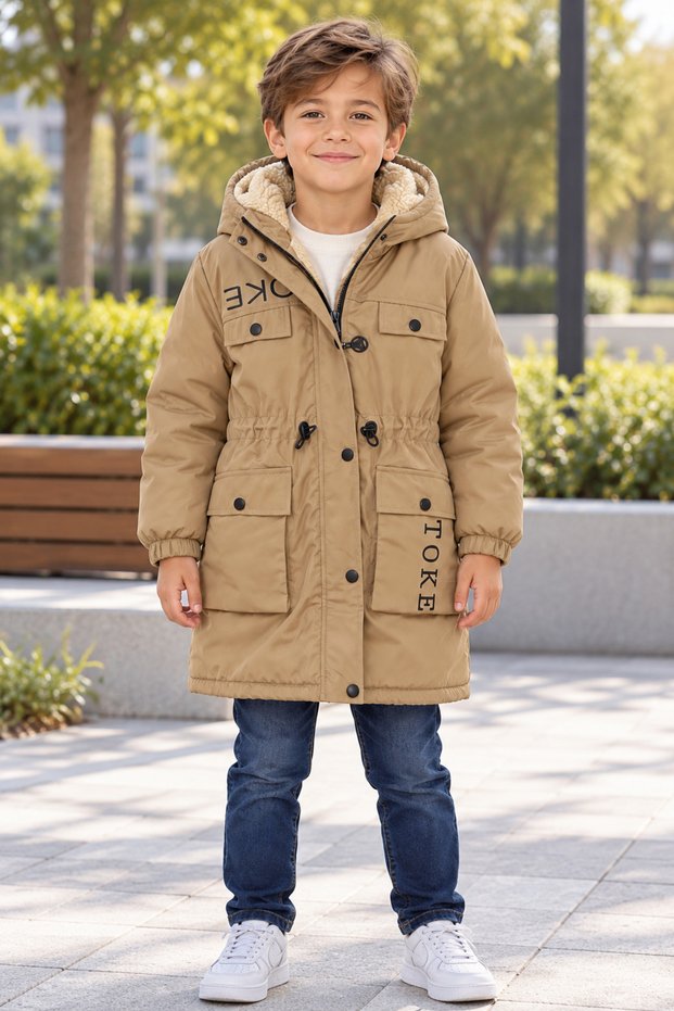 Boys' Winter Coat Pondit Fabric Hooded Plush Lined with Fur Inside, Drawstring Waist, Pocketed, Water and Wind Resistant Coat