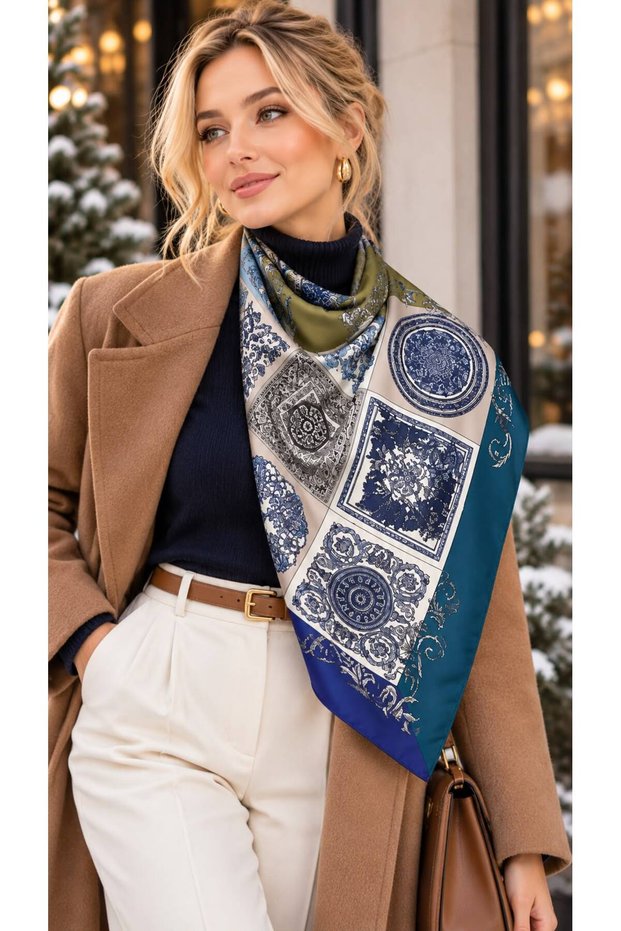 Flr27-53 Navy Blue Patterned Women's Scarf 70X70 cm