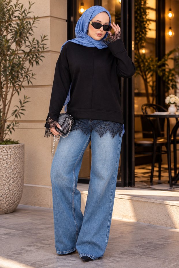 Women's Lace Detailed Crew Neck Knitwear Sweater Sb0069