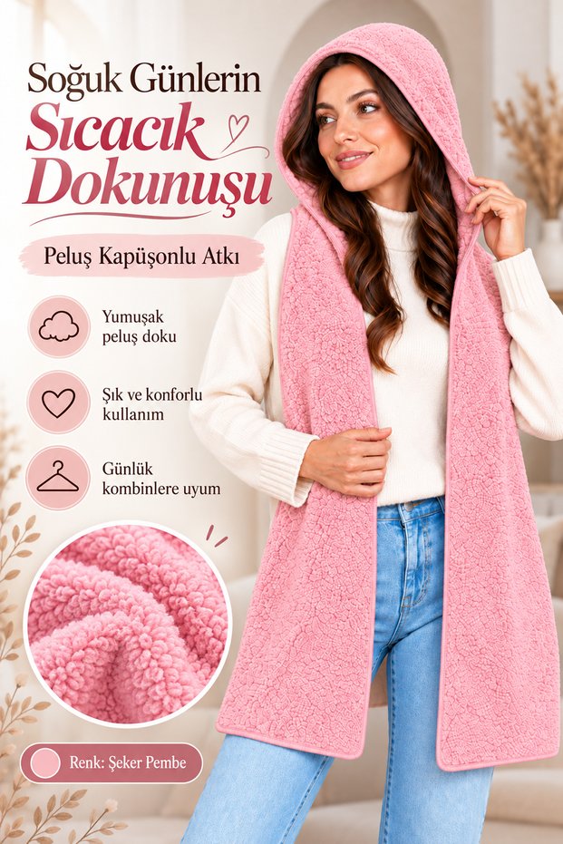 Selanik Model Women's Plush Welsoft Soft Textured Hooded Cold Windproof Scarf Hooded Shawl Stylish Design