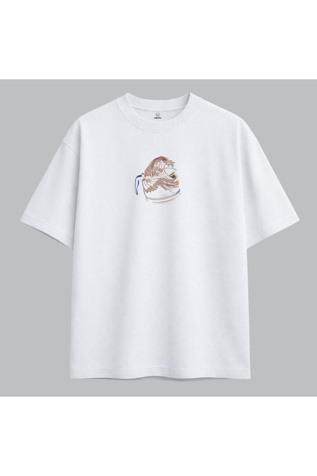Great Wave Coffee Cup Japanese Art Embroidered T-Shirt Unisex 100% Cotton
