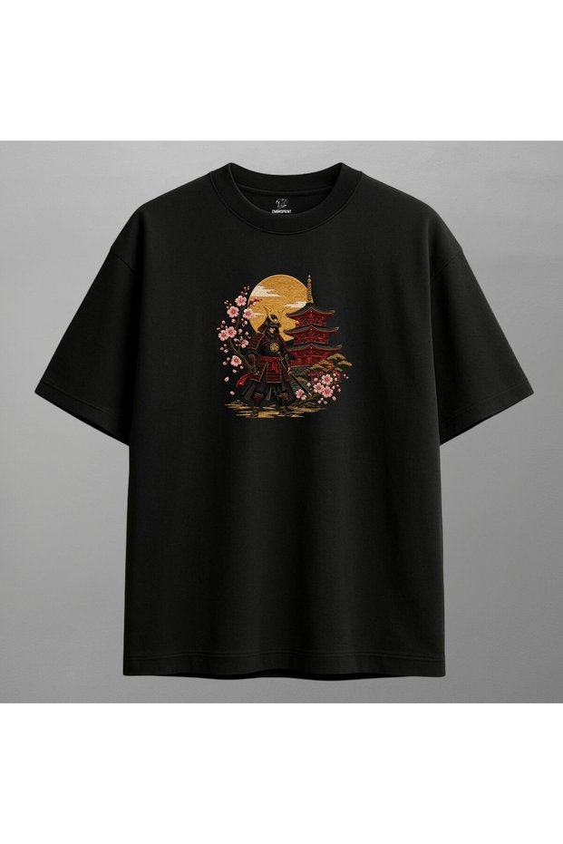 Samurai and Pagoda Japanese Art Embroidered T-Shirt Unisex 100% Cotton