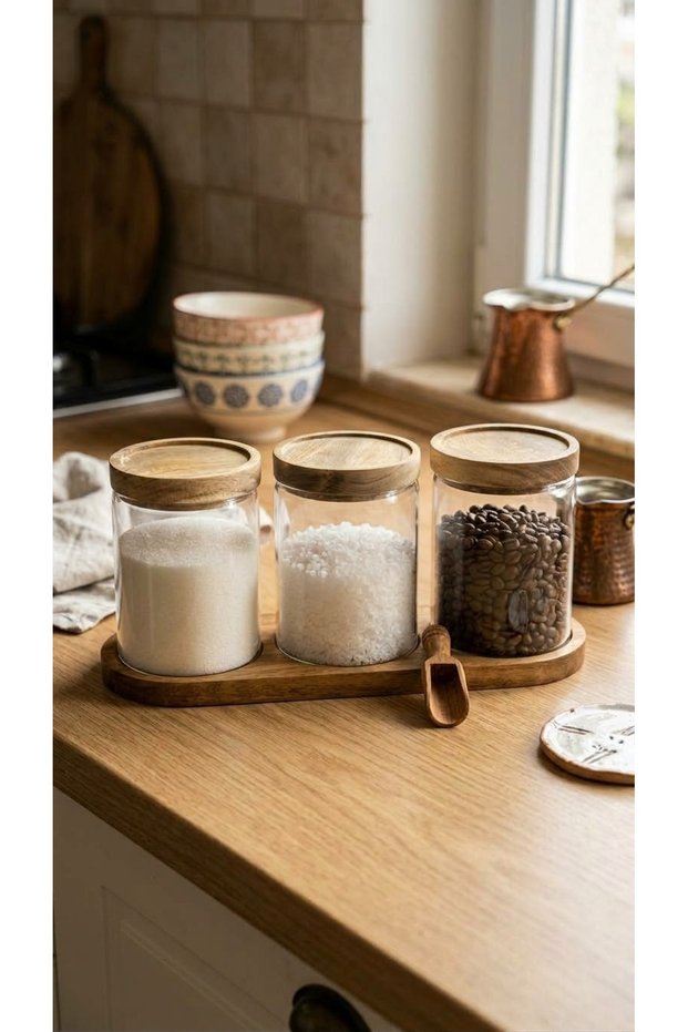 Acacia Wood Lid, 3-Piece Glass Vacuum Salt, Sugar, Coffee and Spice Container Set 600 ml