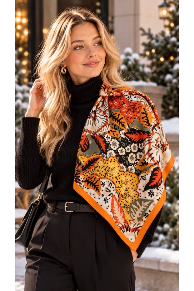 Flr27-64 Orange Patterned Women's Scarf 70X70 cm