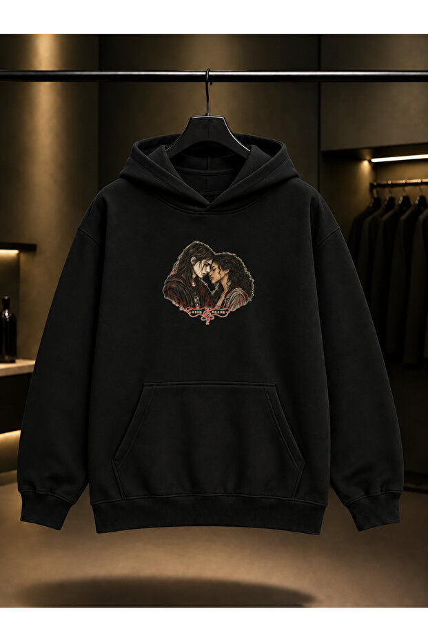 Skins Rich & Grace — Linework Printed Unisex 100% Cotton Black Hooded Sweatshirt