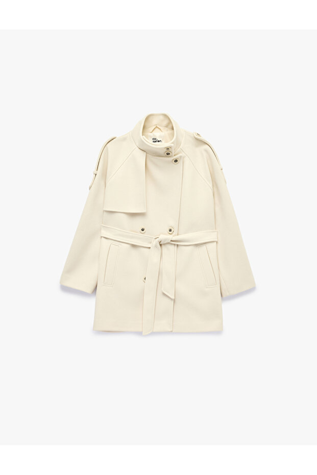 Belted, Buttoned, Epaulettes, Pocketed, Stand Collar Cashmere Coat