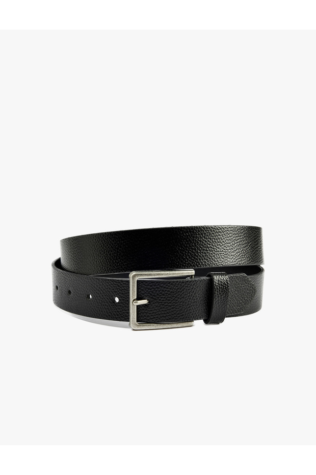 Textured Rectangular Buckle Faux Leather Belt