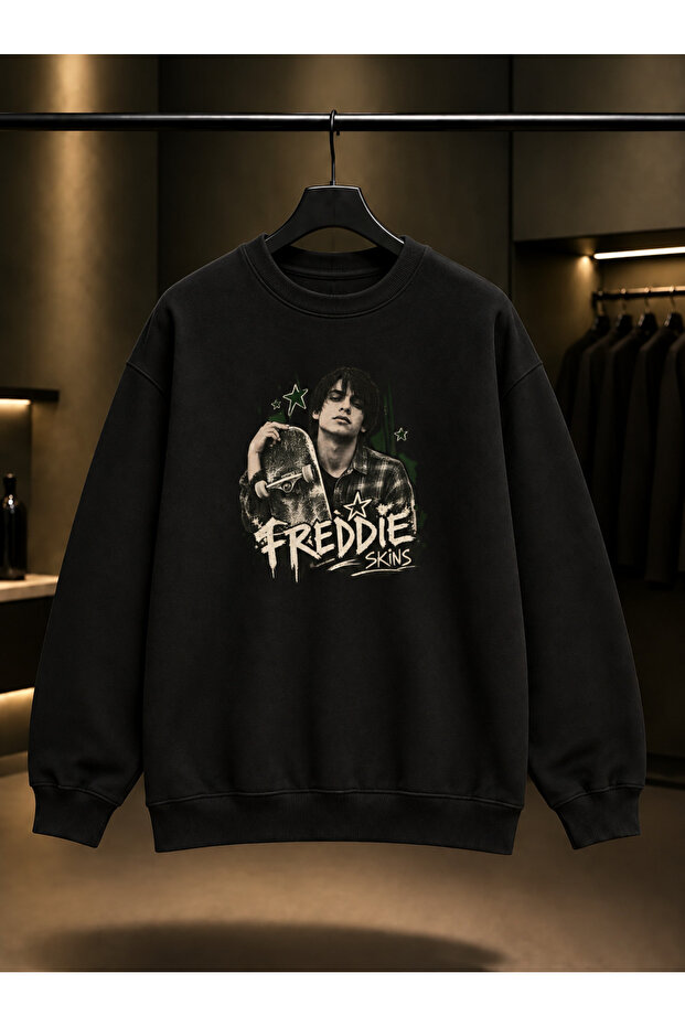 Skins Freddie Printed Unisex 100% Cotton Black Crew Neck Sweatshirt