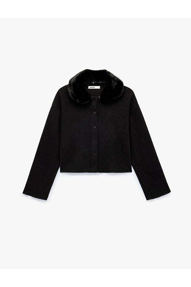 Long Sleeve Buttoned Faux Fur Collar Knitwear Cardigan