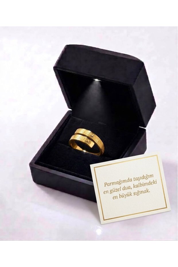Illuminated Gift Boxed Gold Color Ayetel Kürsi Ring
