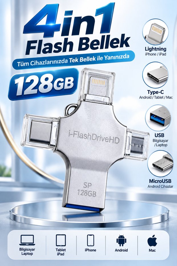 4in1 128Gb Flash Memory USB Type-C Lightning Microusb Multi-Input Portable USB Memory -