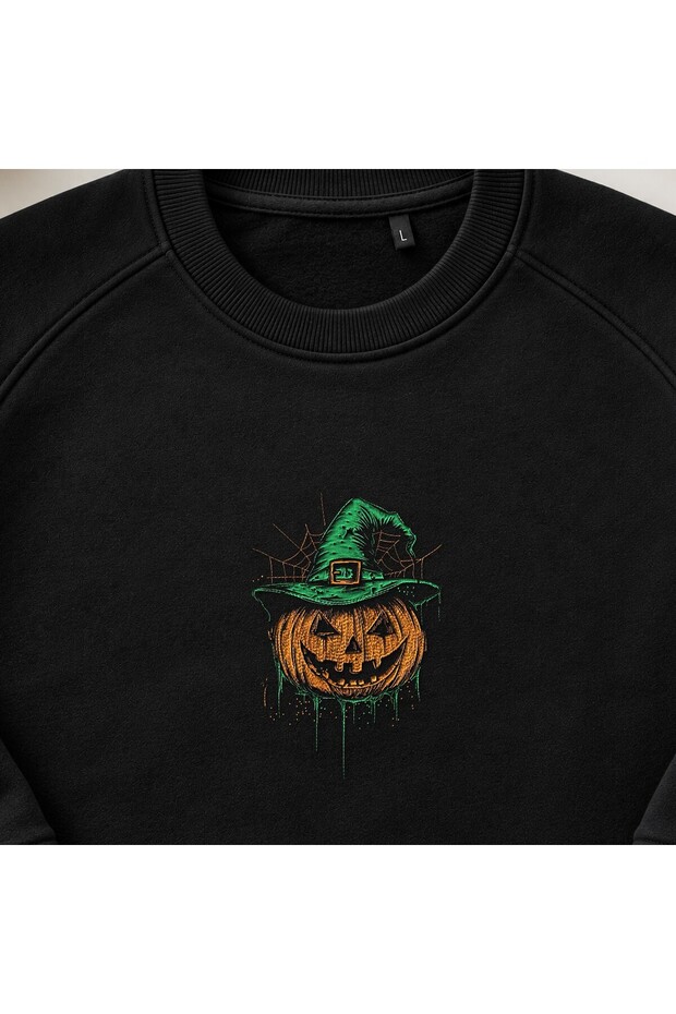 Witch Hat Pumpkin Lantern Embroidered Crew Neck Sweatshirt Unisex